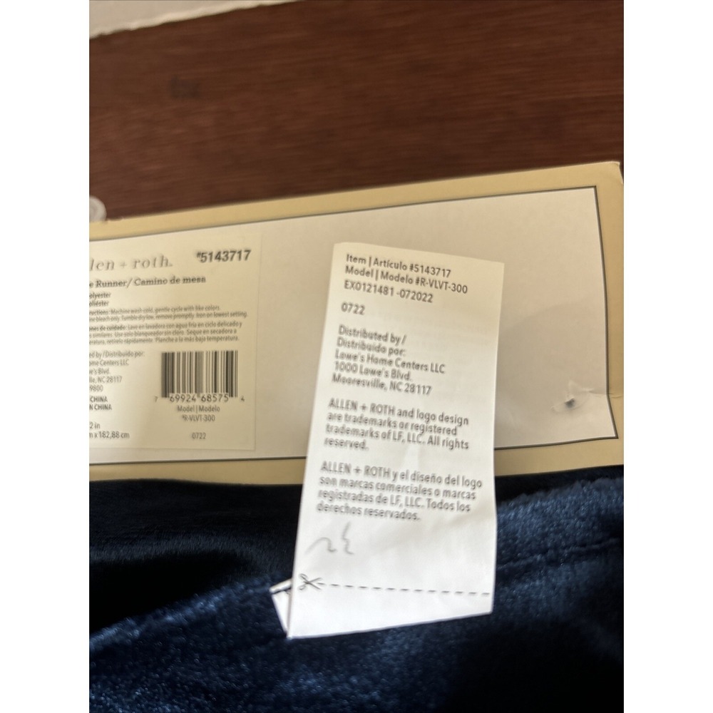 Allen + Roth Blue Velour Feel 14"x72" Table Runner New Model # R-VLVT-300 - Picture 6 of 6